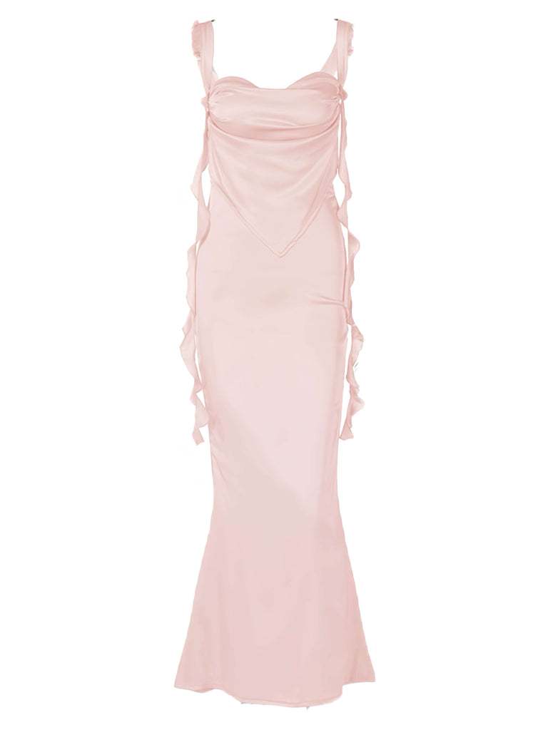 1970s Solid Satin Ruffle Backless Ruched Dress - vintage dress, retro fashion