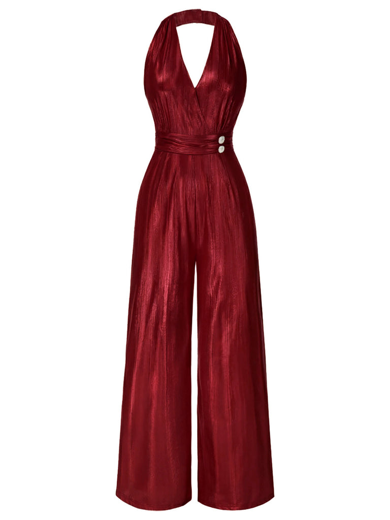 1970s Solid V-Neck Halter Jumpsuit - vintage jumpsuit, retro fashion