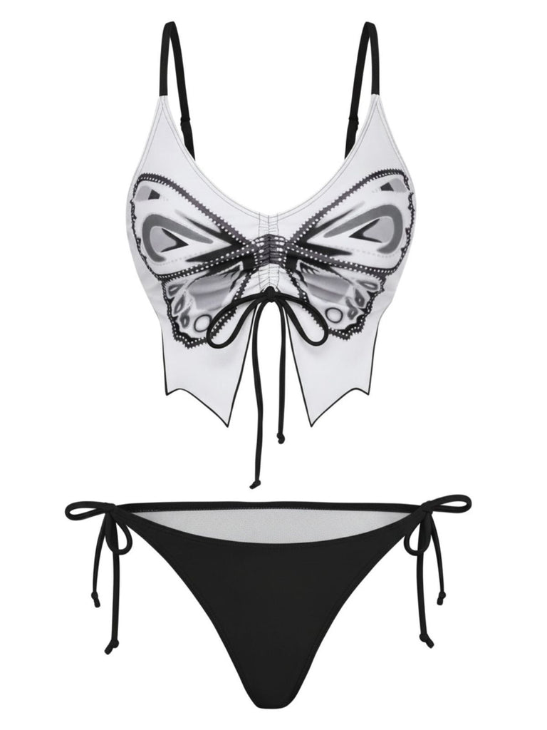 1970s Spaghetti Strap Butterfly Lace-Up Bikini Set - vintage fashion, retro style