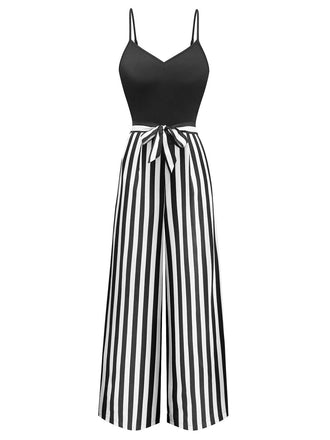 1970s Spaghetti Strap Striped Belted Jumpsuit - vintage jumpsuit, retro fashion
