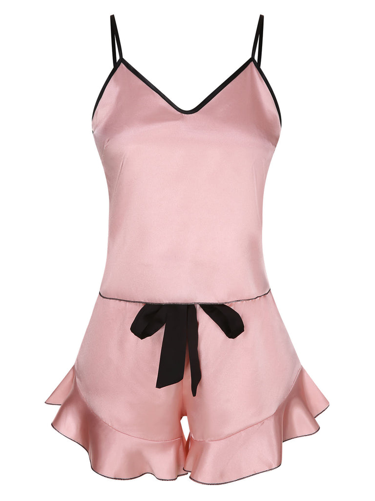 1970s Spaghetti Straps Satin Ribbon Pajamas, vintage pajamas, retro nightwear - perfect for women who love vintage and retro fashion