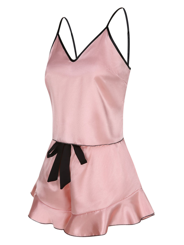 1970s Spaghetti Straps Satin Ribbon Pajamas, vintage pajamas, retro nightwear - perfect for women who love vintage and retro fashion