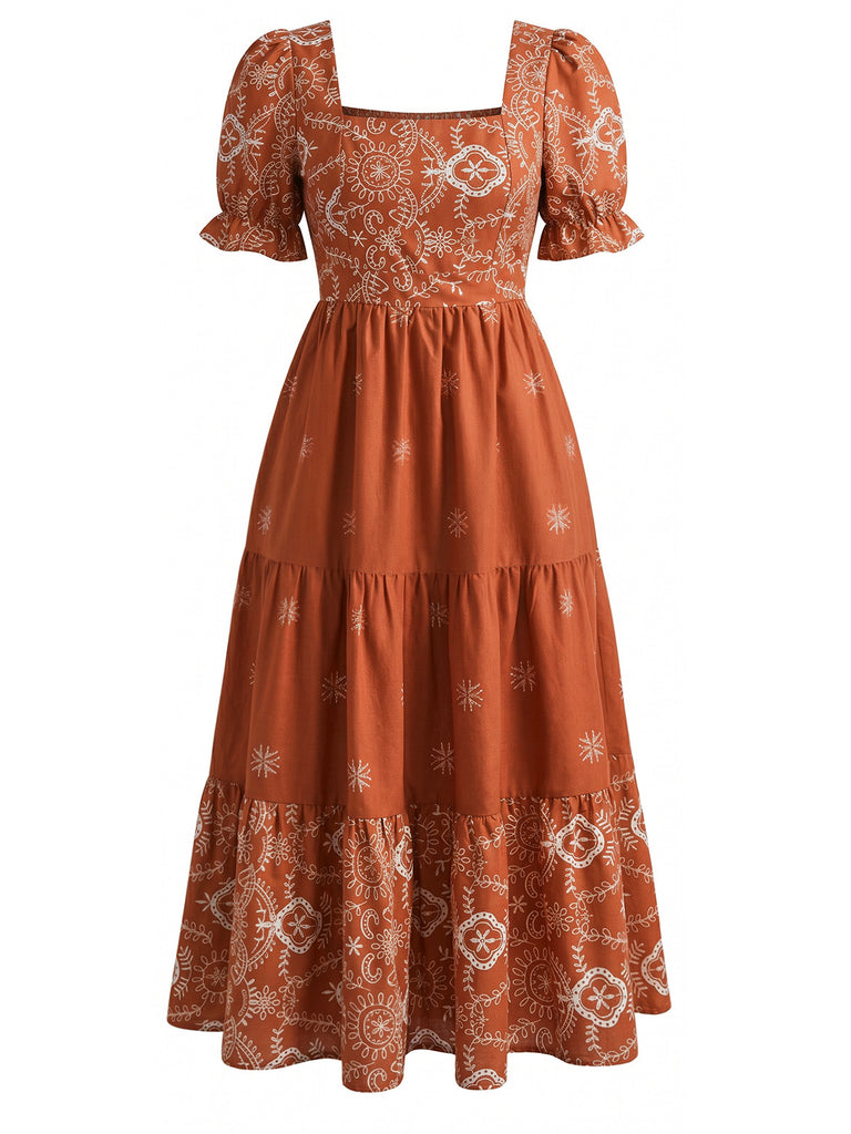Plus Size Brown 1950s Square Neck Vintage Dress 2