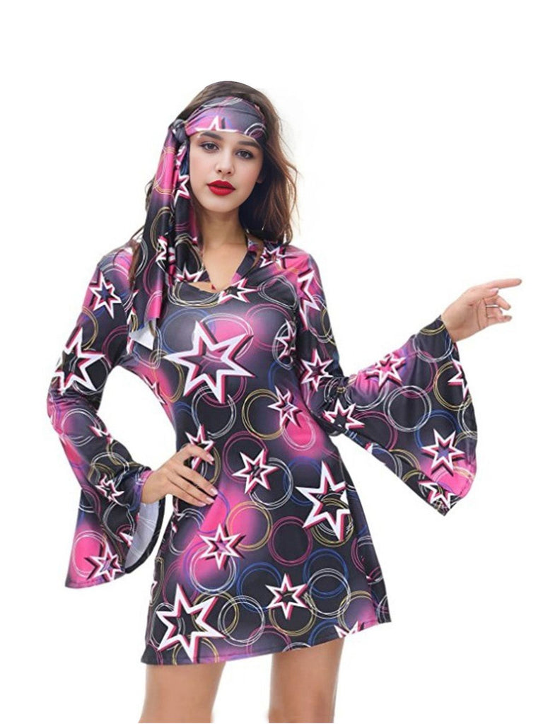 She slips into this 1970s Stars Disco Hippie Style Dress With Scarf and suddenly it's a 1970s daydream