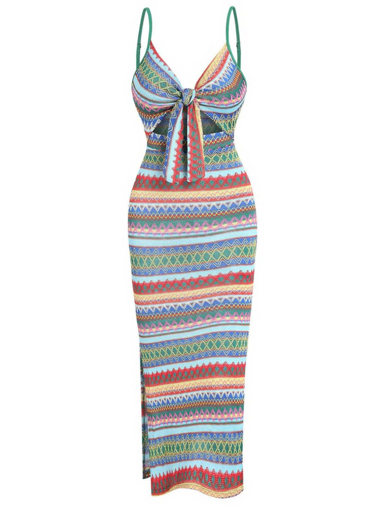 1970s Strap Colorful Stripes Lace-Up Boho Dress - vintage dress, retro fashion
