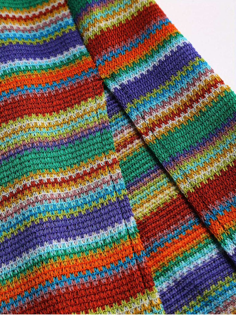 1970s Strap Colorful Stripes Lace-Up Boho Dress - vintage dress, retro fashion