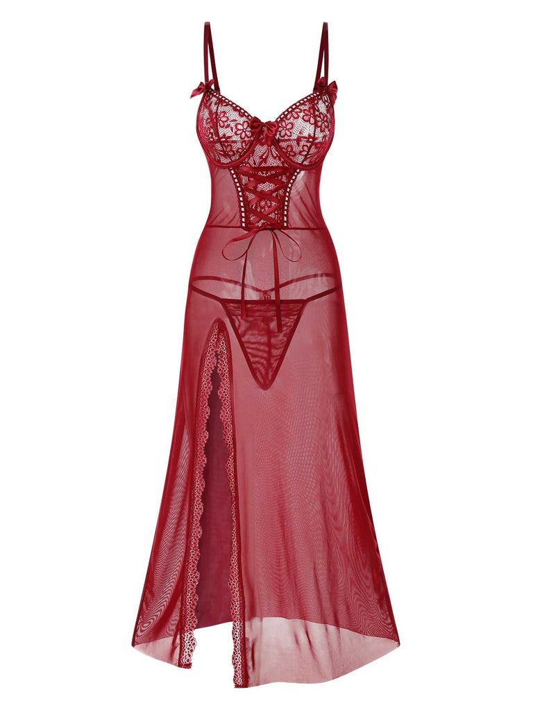 1970s Strap Lace Sheer Slit Sleepwear Nightgown - vintage nightgown, retro sleepwear