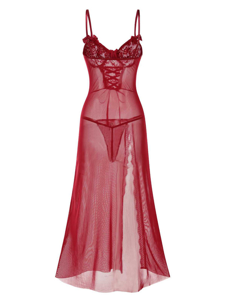 1970s Strap Lace Sheer Slit Sleepwear Nightgown - vintage nightgown, retro sleepwear