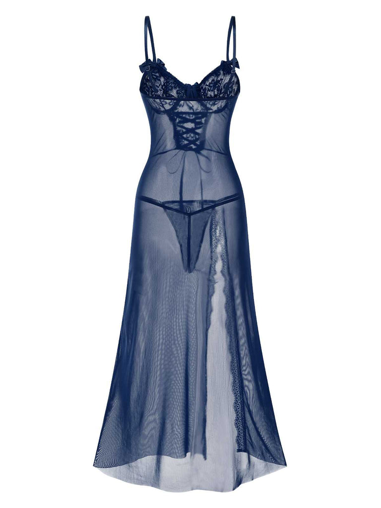 1970s Strap Lace Sheer Slit Sleepwear Nightgown - vintage nightgown, retro sleepwear