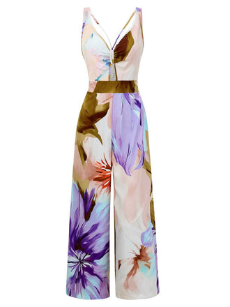 1970s Strap V-Neck Floral Smocked Jumpsuit - vintage jumpsuit, retro fashion