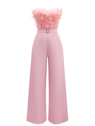 1970s Strapless Feather Solid Jumpsuit - vintage jumpsuit, retro fashion