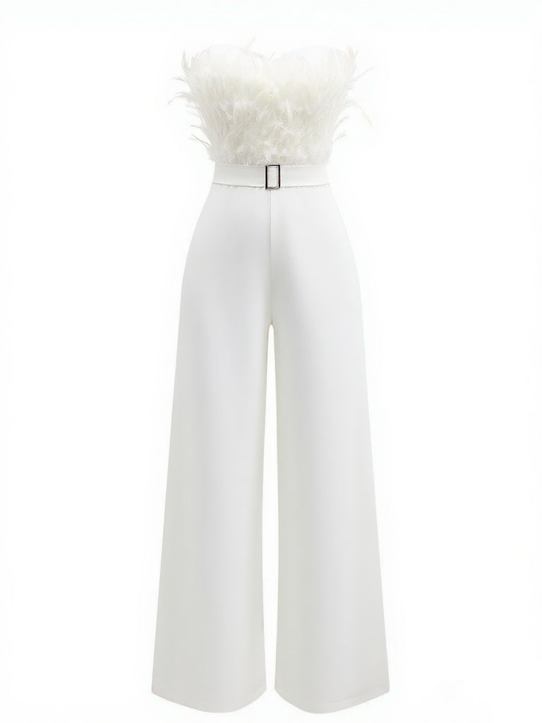 1970s Strapless Feather Solid Jumpsuit - vintage jumpsuit, retro fashion