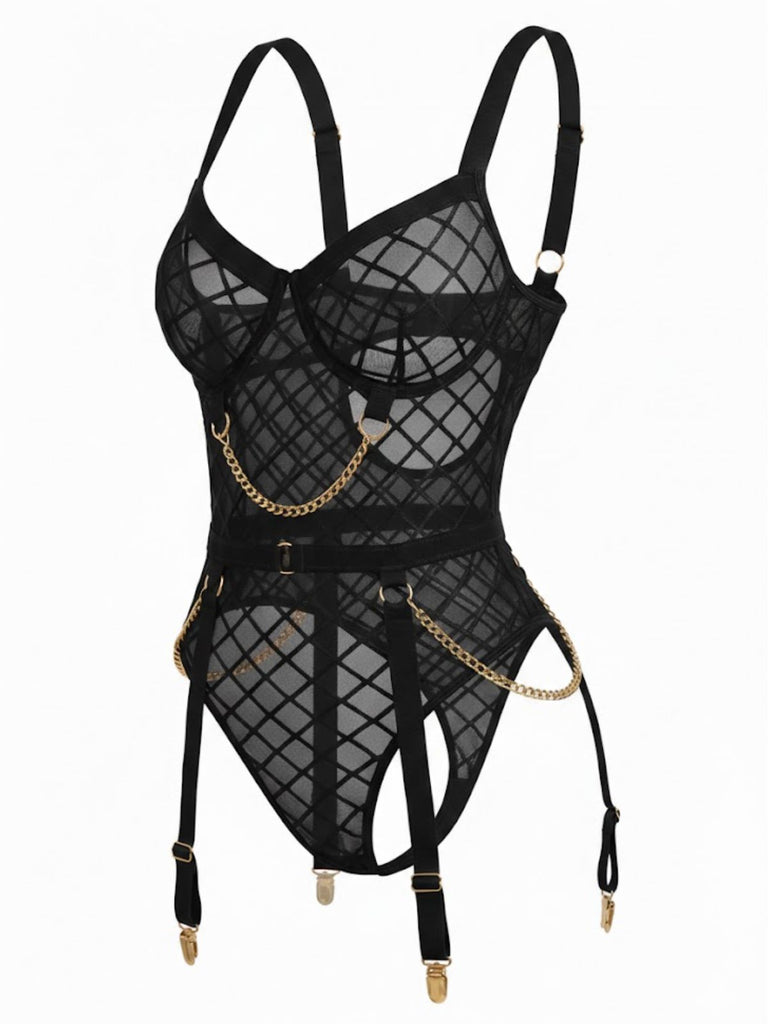 1970s Strappy Chain Accents Sheer Mesh Lingerie - vintage fashion, retro style