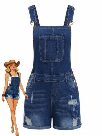 1970s Stretch Ripped Denim Overall Romper - vintage jumpsuit, retro fashion