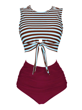 Blue & Red 1970s Striped Waist Tie Patchwork Swimsuit, classic vintage style summer beach collection - Image 1