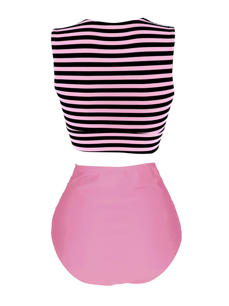 Pink 1970s Striped Waist Tie Patchwork Swimsuit, classic vintage style summer beach collection - Image 2