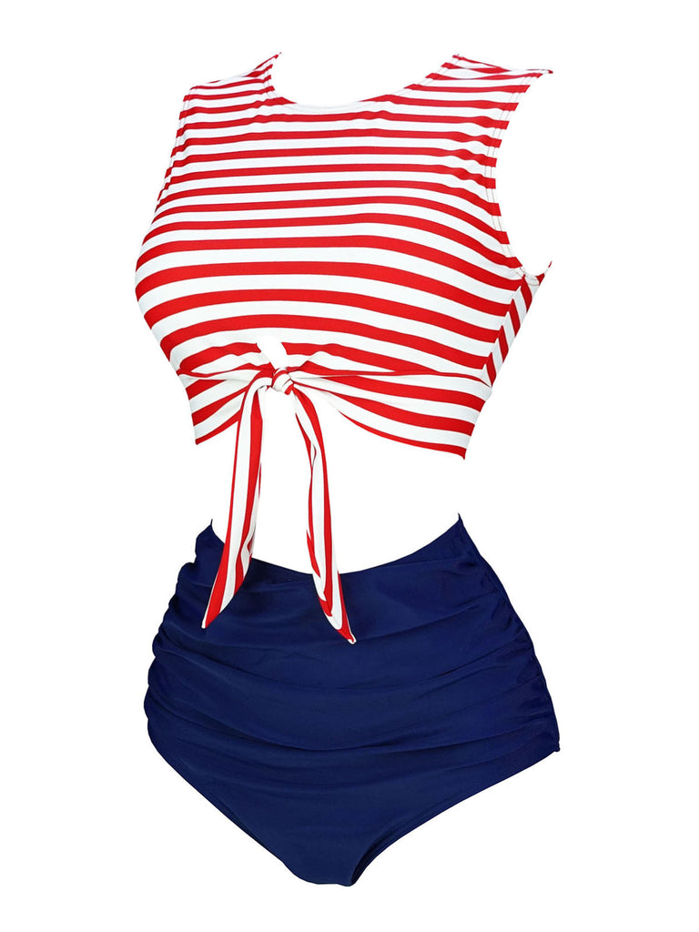 Red & Blue 1970s Striped Waist Tie Patchwork Swimsuit, classic vintage style summer beach collection - Image 2