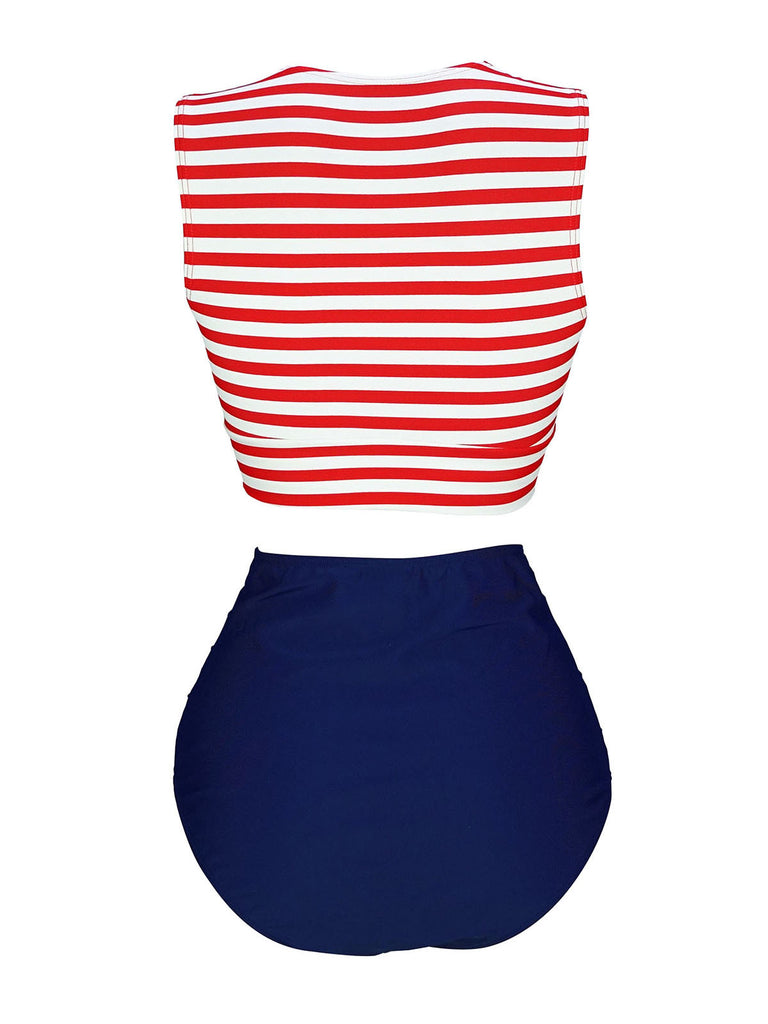 Red & Blue 1970s Striped Waist Tie Patchwork Swimsuit, classic vintage style summer beach collection - Image 3