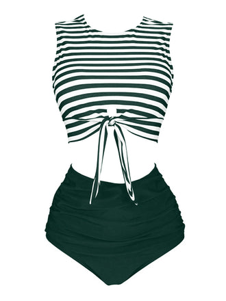 Green 1970s Striped Waist Tie Patchwork Swimsuit, classic vintage style summer beach collection - Image 1