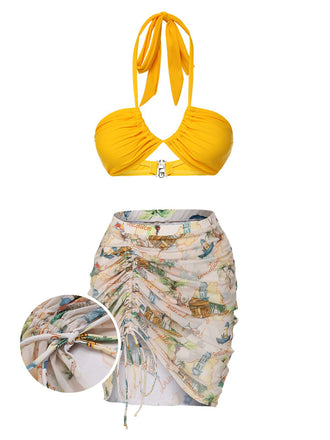 2PCS Yellow 1970s Retro Architectural Pattern Swimsuit & Cover-Up - vintage swimsuit, pin-up style