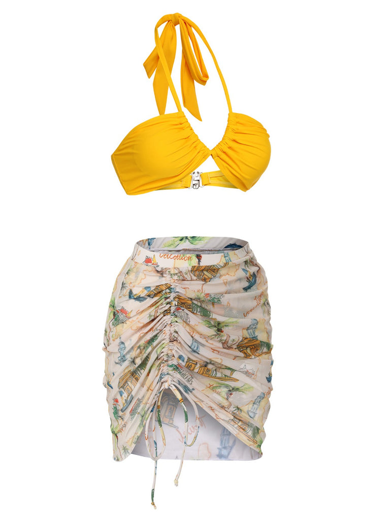 2PCS Yellow 1970s Retro Architectural Pattern Swimsuit & Cover-Up - vintage swimsuit, pin-up style