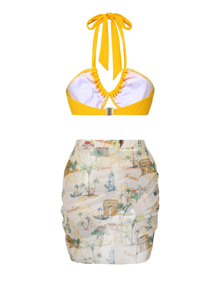 2PCS Yellow 1970s Retro Architectural Pattern Swimsuit & Cover-Up - vintage swimsuit, pin-up style