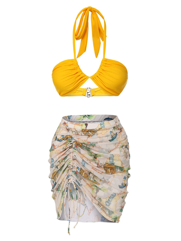 2PCS Yellow 1970s Retro Architectural Pattern Swimsuit & Cover-Up - vintage swimsuit, pin-up style