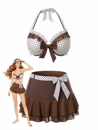 3PCS Brown 1970s Polka Dot Ruffle Halter Swimsuit Set - vintage swimsuit, pin-up style