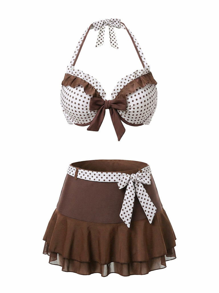 3PCS Brown 1970s Polka Dot Ruffle Halter Swimsuit Set - vintage swimsuit, pin-up style
