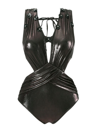 Black 1970s Solid Appliques Strappy Glossy One-Piece Swimsuit - vintage swimsuit, pin-up style, classic black