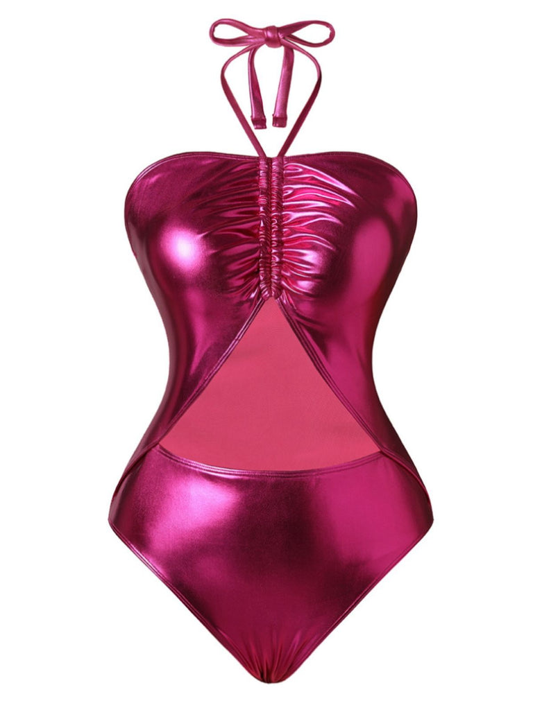 1970s Metallic Halter Neck Cutout One-Piece Swimsuit - vintage swimsuit, pin-up style