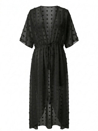 1970s Tie Sheer Polka Dot Maxi Cover-Up Dress - vintage dress, retro fashion