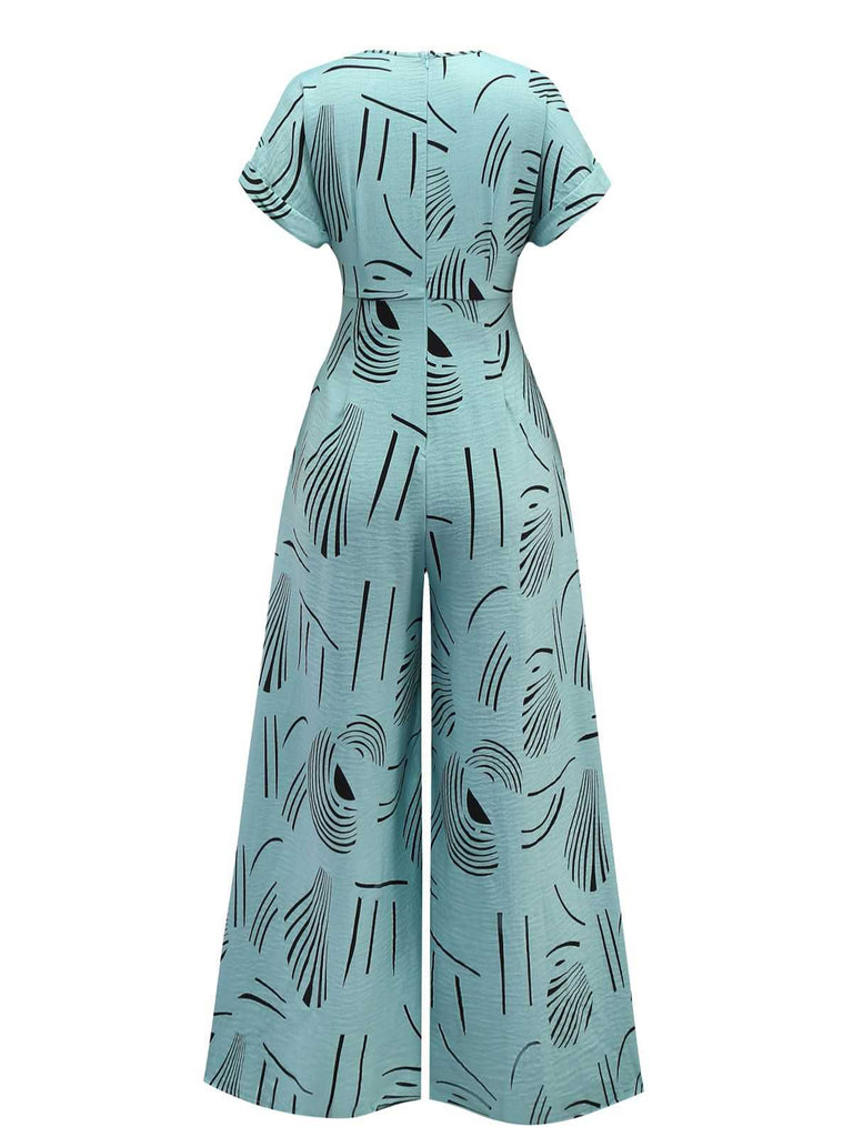 1970s V-Neck Abstract Line Wide-Leg Jumpsuit - vintage jumpsuit, retro fashion