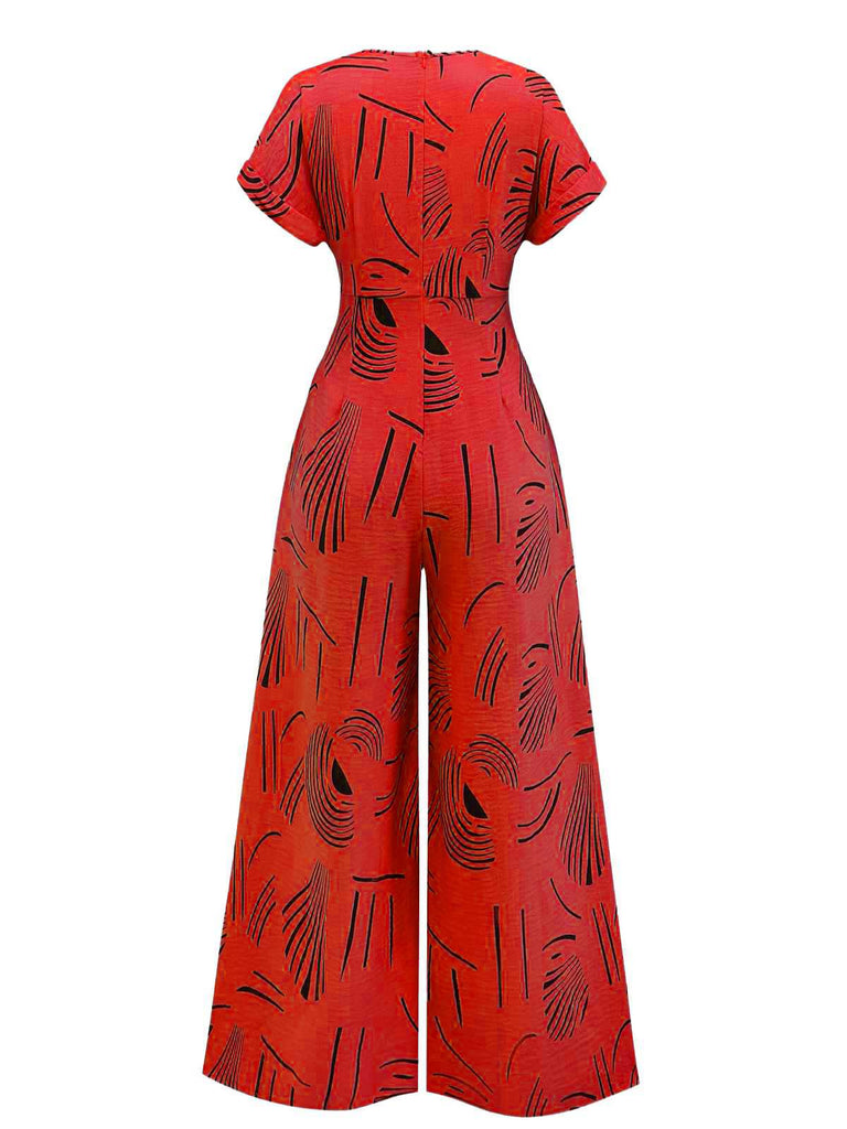 1970s V-Neck Abstract Line Wide-Leg Jumpsuit - vintage jumpsuit, retro fashion