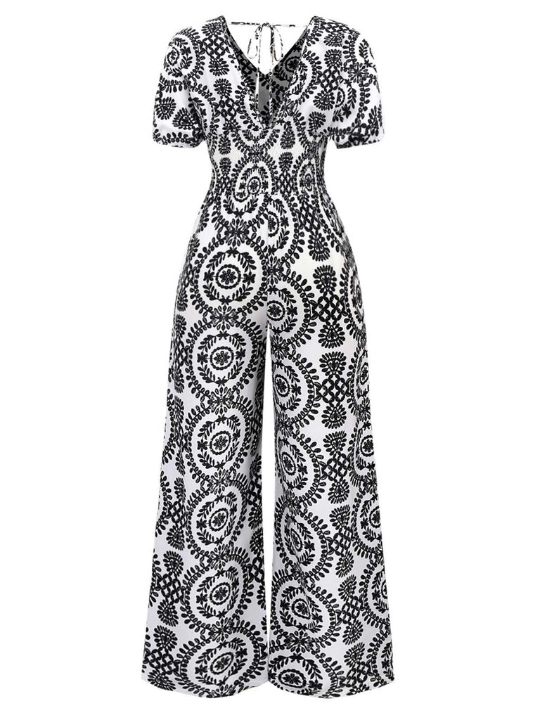 1970s V-Neck Boho Puff Sleeve Wide-Leg Jumpsuit - vintage jumpsuit, retro fashion