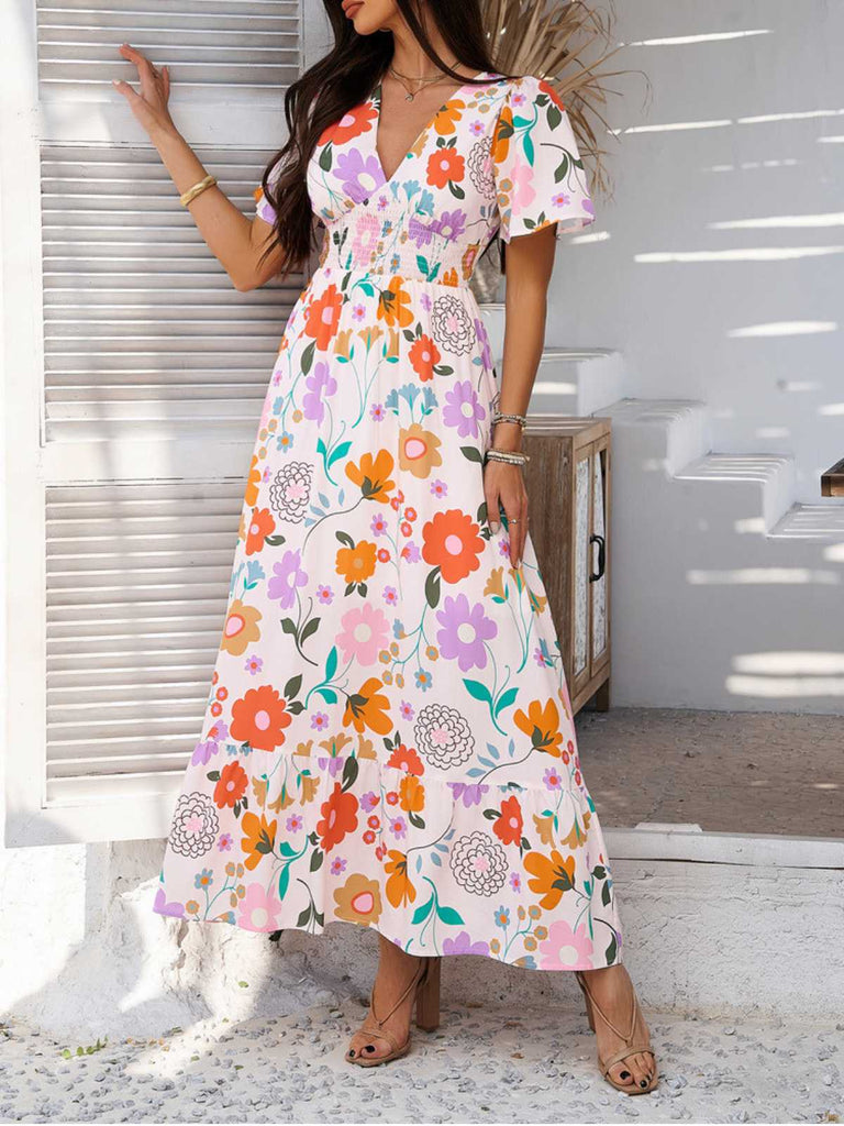 1970s V-Neck Boho Smocked-Waist Floral Dress - vintage dress, retro fashion