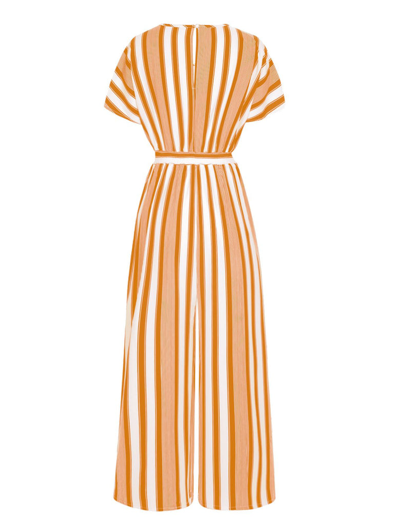 She finds her 1970s story in this 1970s V-Neck Contrast Stripes Jumpsuit