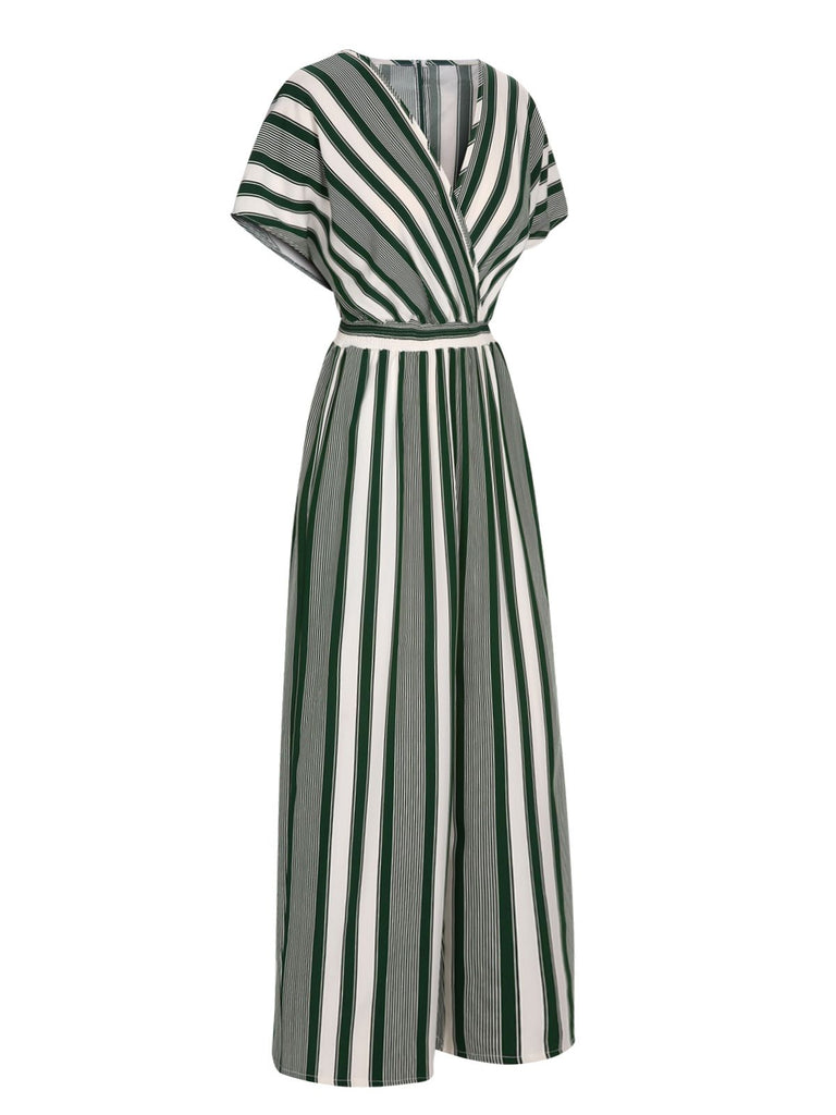 She finds her 1970s story in this 1970s V-Neck Contrast Stripes Jumpsuit