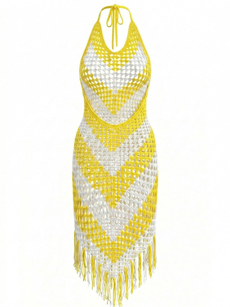 1970s V-Neck Crochet Fringe Cover-Up Dress, vintage dress, retro fashion - perfect for women who love vintage and retro fashion