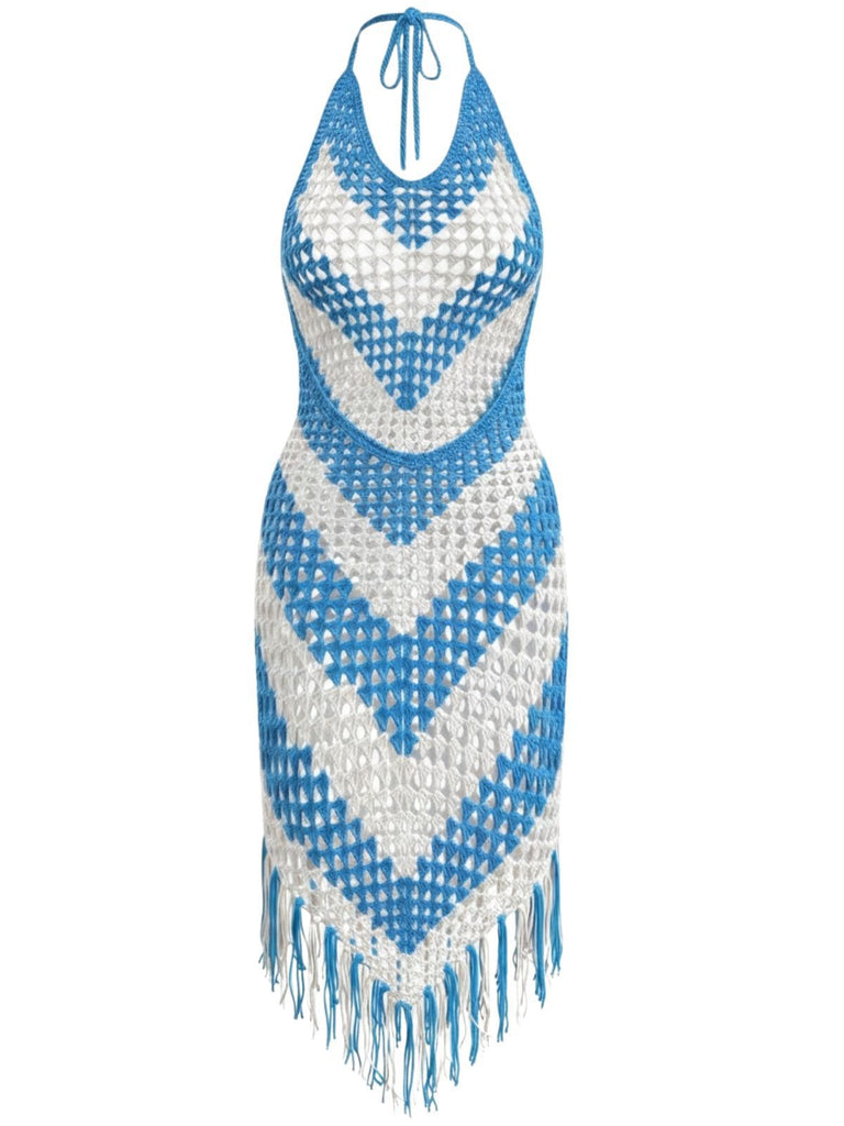 1970s V-Neck Crochet Fringe Cover-Up Dress, vintage dress, retro fashion - perfect for women who love vintage and retro fashion