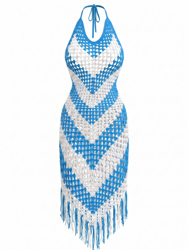 1970s V-Neck Crochet Fringe Cover-Up Dress, vintage dress, retro fashion - perfect for women who love vintage and retro fashion