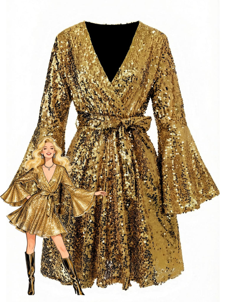 1970s V-Neck Flare Sleeve Sequined Disco Dress - vintage dress, retro fashion
