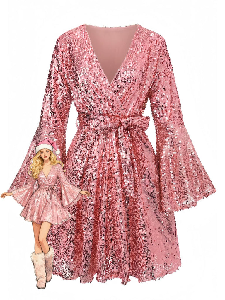 1970s V-Neck Flare Sleeve Sequined Disco Dress - vintage dress, retro fashion