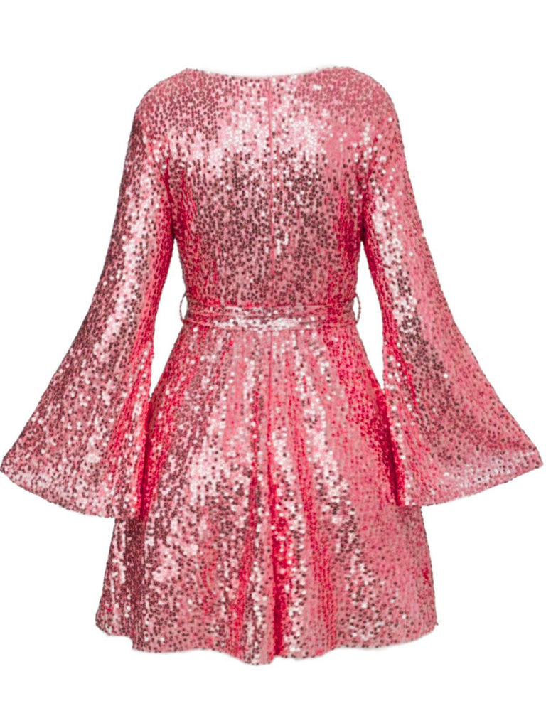 1970s V-Neck Flare Sleeve Sequined Disco Dress - vintage dress, retro fashion