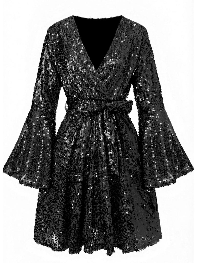1970s V-Neck Flare Sleeve Sequined Disco Dress - vintage dress, retro fashion