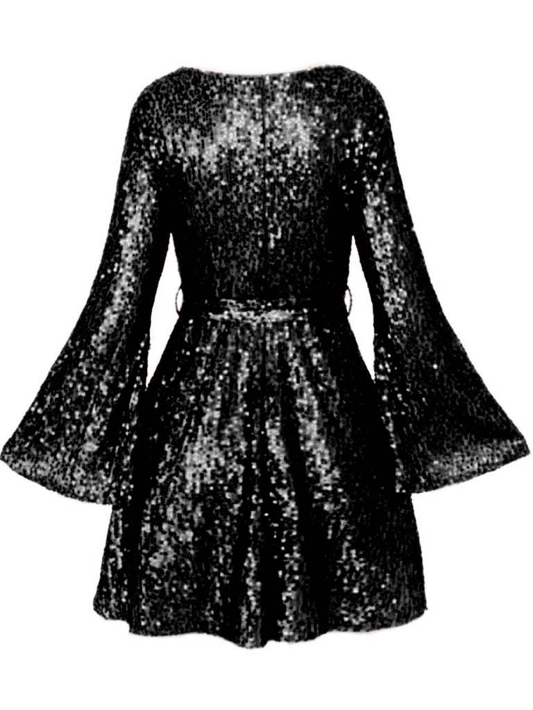 1970s V-Neck Flare Sleeve Sequined Disco Dress - vintage dress, retro fashion