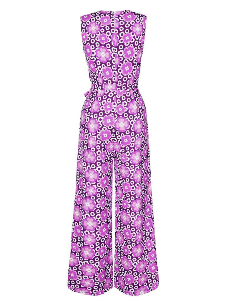 1970s V-Neck Floral Belted Sleeveless Jumpsuit — 1970s elegance in the palm of her hand
