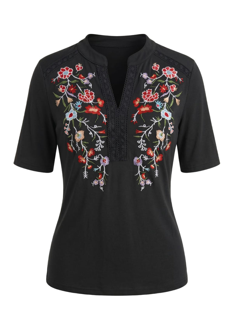 Green 1940s Floral Lace V Neck Top