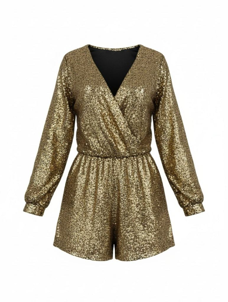1970s V-Neck Sequin Long Sleeve Romper - vintage jumpsuit, retro fashion
