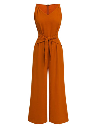 She finds her 1970s story in this 1970s V-Neck Tie-Front Solid Jumpsuit